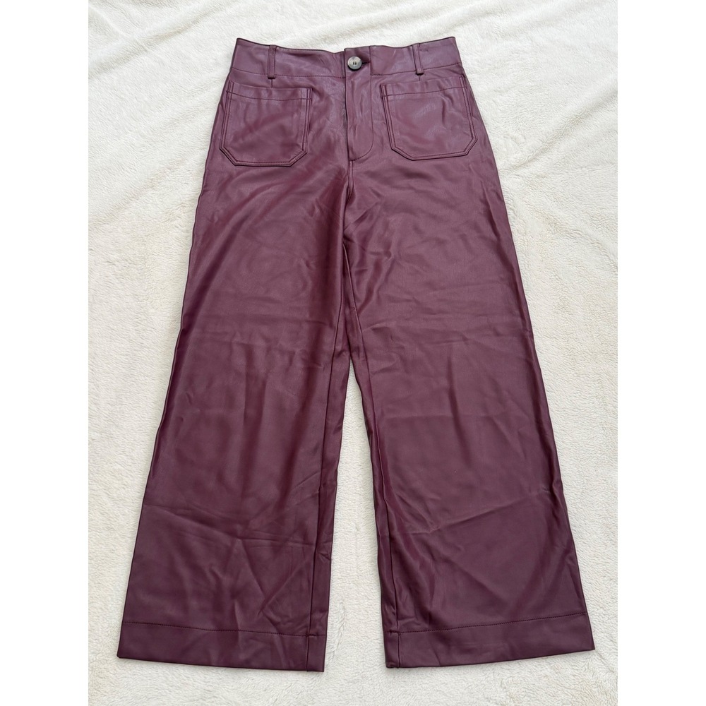 Maeve Anthropologie Colette Cropped Faux Leather Wide Leg Pants Burgundy Plum 28 - Picture 2 of 12